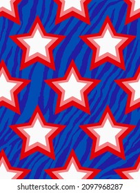 Abstract Hand Drawing Geometric 70s Retro Stars with Zebra Stripes Background Seamless Vector Pattern 