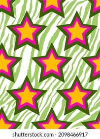 Abstract Hand Drawing Geometric 70s Retro Stars with Zebra Stripes Background Seamless Vector Pattern 