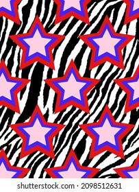 Abstract Hand Drawing Geometric 70s Retro Stars with Zebra Stripes Background Seamless Vector Pattern 