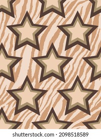 Abstract Hand Drawing Geometric 70s Retro Stars with Zebra Stripes Background Seamless Vector Pattern 