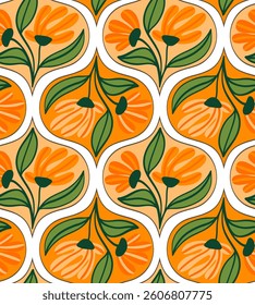 Abstract Hand Drawing Geometric Art Deco Tile Flowers and Leaves Seamless Vector Pattern Isolated Background