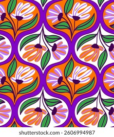 Abstract Hand Drawing Geometric Art Deco Tile Flowers and Leaves Seamless Vector Pattern Isolated Background