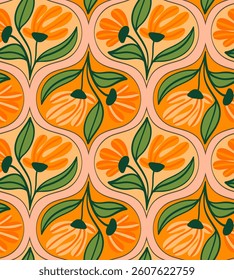 Abstract Hand Drawing Geometric Art Deco Tile Flowers and Leaves Seamless Vector Pattern Isolated Background