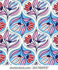 Abstract Hand Drawing Geometric Art Deco Tile Flowers and Leaves Seamless Vector Pattern Isolated Background