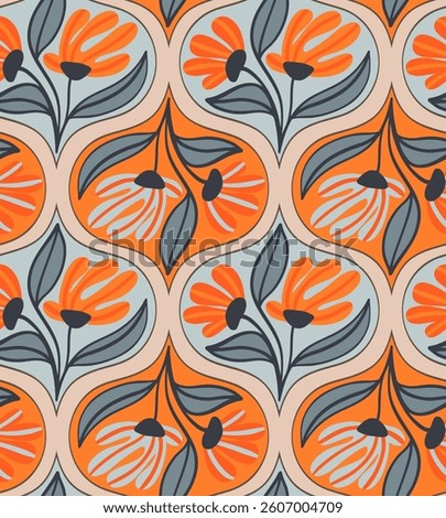 Abstract Hand Drawing Geometric Art Deco Tile Flowers and Leaves Seamless Vector Pattern Isolated Background