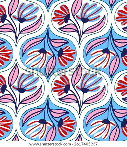 Abstract Hand Drawing Geometric Art Deco Tile Flowers and Leaves Seamless Vector Pattern Isolated Background