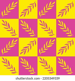 Abstract Hand Drawing Geometric Checkered Squares with Leaves Branch Seamless Vector Pattern Isolated Background