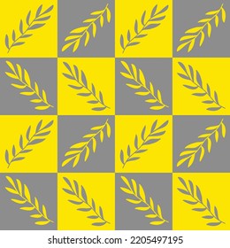 Abstract Hand Drawing Geometric Checkered Squares with Leaves Branch Seamless Vector Pattern Isolated Background