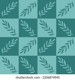 Abstract Hand Drawing Geometric Checkered Squares with Leaves Branch Seamless Vector Pattern Isolated Background