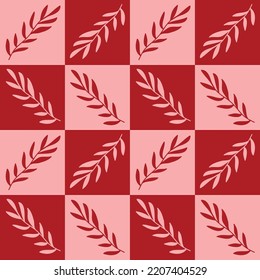 Abstract Hand Drawing Geometric Checkered Squares with Leaves Branch Seamless Vector Pattern Isolated Background