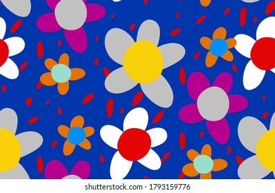 Abstract Hand Drawing Geometric Childish Daisy Flowers and Dots Repeating Vector Pattern Isolated Background 