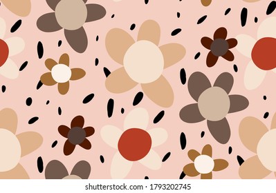 Abstract Hand Drawing Geometric Childish Daisy Flowers and Dots Repeating Vector Pattern Isolated Background 