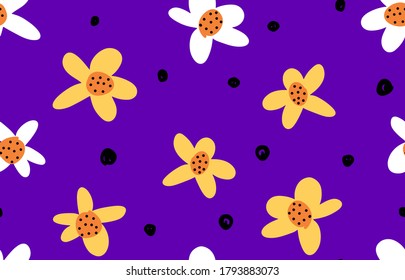 Abstract Hand Drawing Geometric Childish Daisy Flowers and Dots Repeating Vector Pattern Isolated Background 