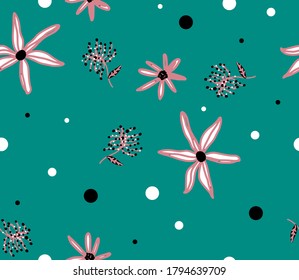 Abstract Hand Drawing Geometric Christmas Flowers and Dots Repeating Vector Pattern Isolated Background 