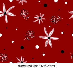 Abstract Hand Drawing Geometric Christmas Flowers and Dots Repeating Vector Pattern Isolated Background 