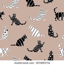 Abstrakte handgezeichnete, geometrische, jugendfreie Katzen Doodle Nahtlose Vektormuster einzeln auf Hintergrund