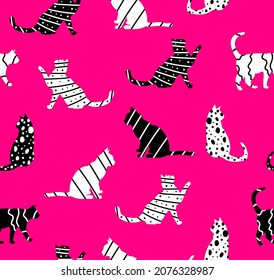 Abstract Hand Drawing Geometric Cute Cats Doodle Seamless Vector Pattern Isolated Background