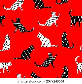Abstract Hand Drawing Geometric Cute Cats Doodle Seamless Vector Pattern Isolated Background