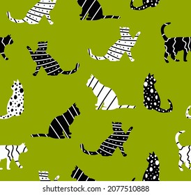 Abstract Hand Drawing Geometric Cute Cats Doodle Seamless Vector Pattern Isolated Background