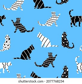 Abstract Hand Drawing Geometric Cute Cats Doodle Seamless Vector Pattern Isolated Background