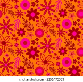 Abstract Hand Drawing Geometric Cute Daisy Ditsy Flowers Leaves and Branches Seamless Vector Pattern Isolated Background