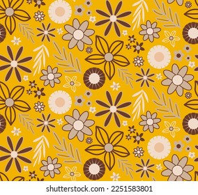 Abstract Hand Drawing Geometric Cute Daisy Ditsy Flowers Leaves and Branches Seamless Vector Pattern Isolated Background