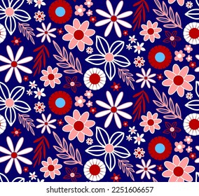Resumen Dibujo a mano Geométrico Cute Daisy Flores Flores y ramas Patrón vectorial sin soldadura Fondo aislado