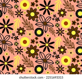 Resumen Dibujo a mano Geométrico Cute Daisy Flores Flores y ramas Patrón vectorial sin soldadura Fondo aislado