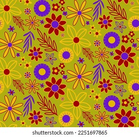Abstract Hand Drawing Geometric Cute Daisy Ditsy Flowers Leaves and Branches Seamless Vector Pattern Isolated Background
