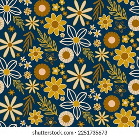 Abstract Hand Drawing Geometric Cute Daisy Ditsy Flowers Leaves and Branches Seamless Vector Pattern Isolated Background