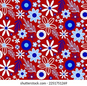 Abstract Hand Drawing Geometric Cute Daisy Ditsy Flowers Leaves and Branches Seamless Vector Pattern Isolated Background