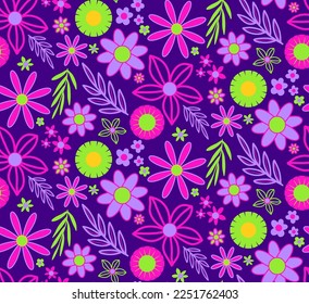 Abstract Hand Drawing Geometric Cute Daisy Ditsy Flowers Leaves and Branches Seamless Vector Pattern Isolated Background