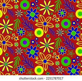 Resumen Dibujo a mano Geométrico Cute Daisy Flores Flores y ramas Patrón vectorial sin soldadura Fondo aislado