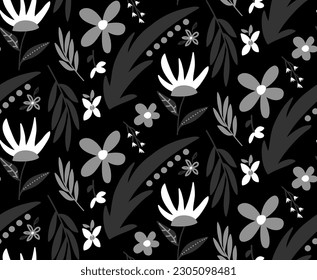 Abstract Hand Drawing Geometric Cute Daisy Ditsy Flowers Leaves and Branches Seamless Vector Pattern Isolated Background