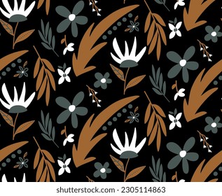 Abstract Hand Drawing Geometric Cute Daisy Ditsy Flowers Leaves and Branches Seamless Vector Pattern Isolated Background