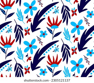 Abstract Hand Drawing Geometric Cute Daisy Ditsy Flowers Leaves and Branches Seamless Vector Pattern Isolated Background