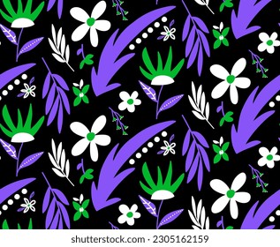 Abstract Hand Drawing Geometric Cute Daisy Ditsy Flowers Leaves and Branches Seamless Vector Pattern Isolated Background