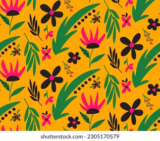 Abstract Hand Drawing Geometric Cute Daisy Ditsy Flowers Leaves and Branches Seamless Vector Pattern Isolated Background