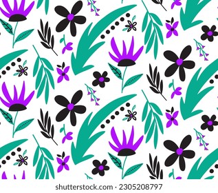 Abstract Hand Drawing Geometric Cute Daisy Ditsy Flowers Leaves and Branches Seamless Vector Pattern Isolated Background