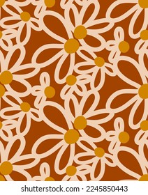 Abstract Hand Drawing Geometric Daisy Flowers and Leaves Seamless Vector Pattern Isolated Background