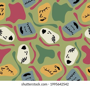Abstract Hand Drawing Geometric Faces and Shapes Seamless Vector Pattern Isolated Background