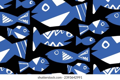 Abstract Hand Drawing Geometric Fishes Seamless Vector Textile Pattern Isolated Background 