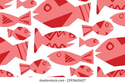 Abstract Hand Drawing Geometric Fishes Seamless Vector Textile Pattern Isolated Background 