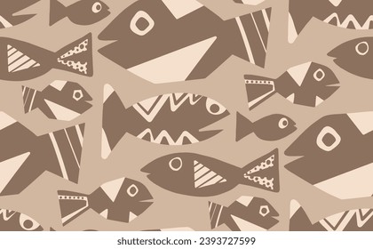 Abstract Hand Drawing Geometric Fishes Seamless Vector Textile Pattern Isolated Background 