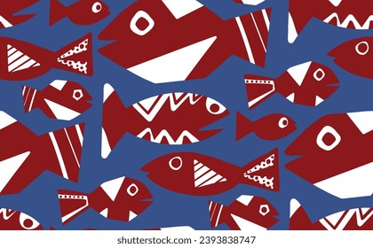 Abstract Hand Drawing Geometric Fishes Seamless Vector Textile Pattern Isolated Background 