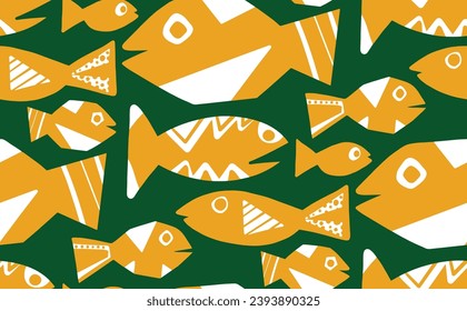 Abstract Hand Drawing Geometric Fishes Seamless Vector Textile Pattern Isolated Background 