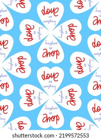 Abstract Hand Drawing Geometric Floral Hearts with Love is Everything Writing Seamless Vector Pattern Isolated Background