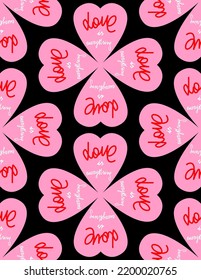 Abstract Hand Drawing Geometric Floral Hearts with Love is Everything Writing Seamless Vector Pattern Isolated Background