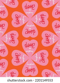 Abstract Hand Drawing Geometric Floral Hearts with Love is Everything Writing Seamless Vector Pattern Isolated Background