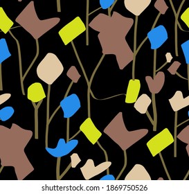 Abstract Hand Drawing Geometric Flowers and Leaves Repeating Vector Pattern Isolated Background